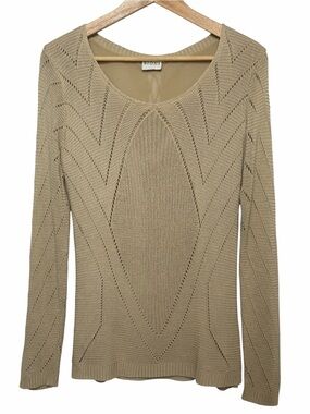 Sioni Beige Open Knit Lace Up Back Scoop Long Slv Sweater Women Sz S Chevron